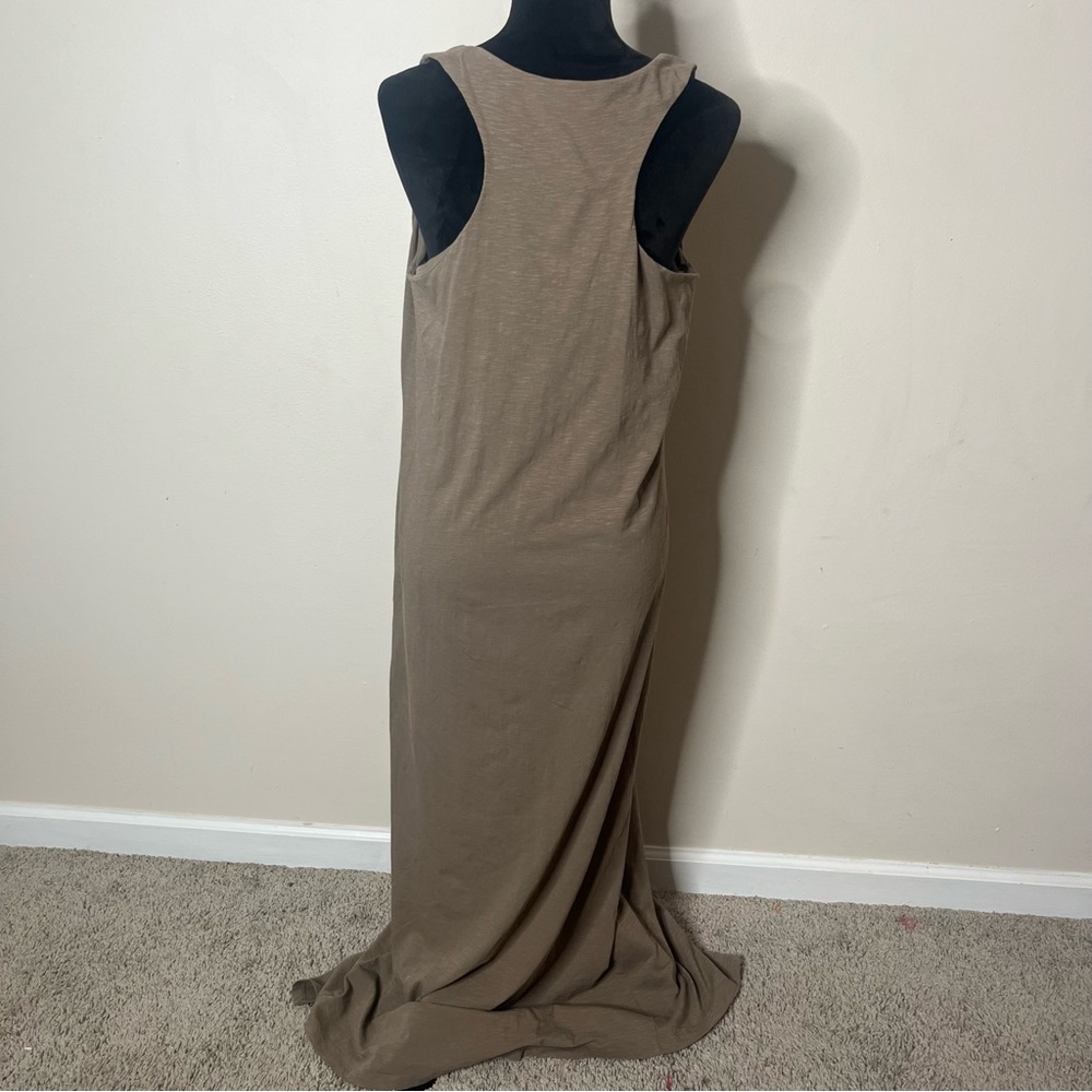 Artisan NY Women’s Khaki Tan V~Neck Sleeveless Split Jersey Knit Maxi Dress Sz L - Picture 3 of 6